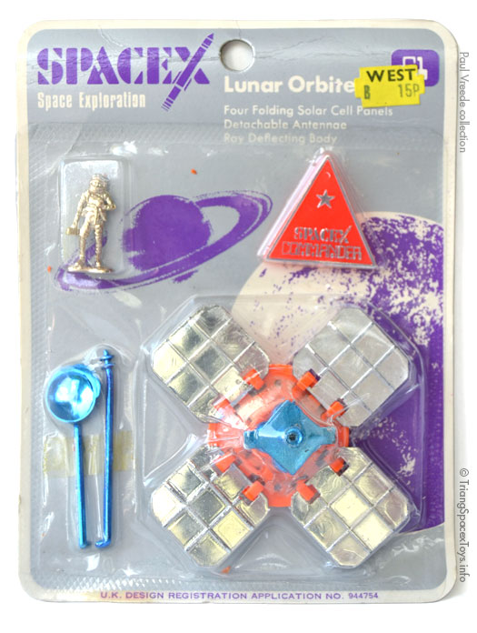 Pippin Spacex Lunar Orbiter card front - toy in orange and blue